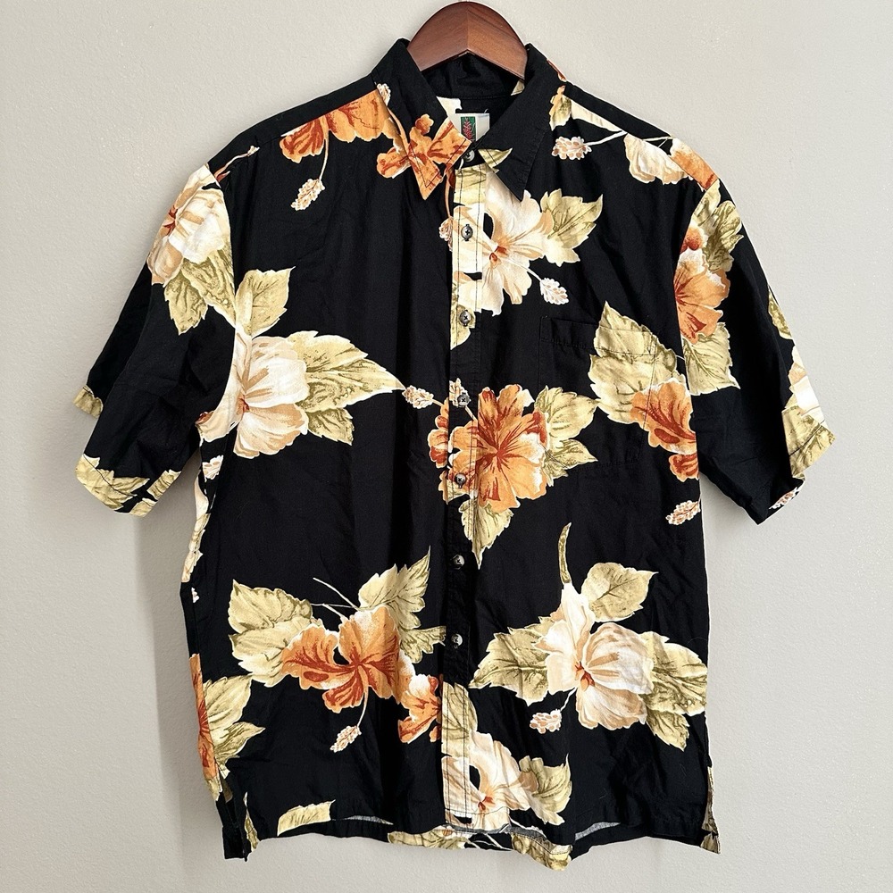 Tori Richard Vintage 90s Black 100% Cotton Hawaiian Shirt Aloha Hibiscus Resort